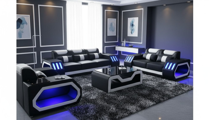 Sofagarnitur Couch Set 3+2+1 + Tisch Ledersofa Sitz Beleuchtete Design Polster