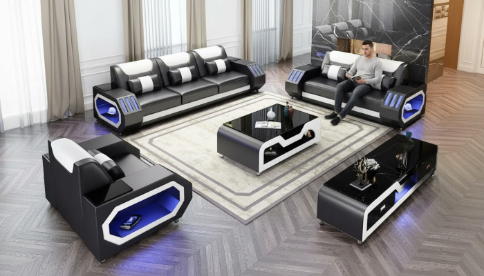 Moderne Ledersofagarnitur Couch Polster Sofa Garnituren Ledersofa Sideboard Neu