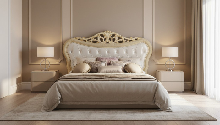 Doppelbett Bett Luxus Betten Holz Bettgestelle Bettrahmen Beige Design Modern