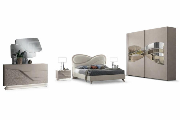 Schlafzimmer Set 5tlg. Luxus Bett 2x Nachttisch Kommode Kleiderschrank Holz Neu
