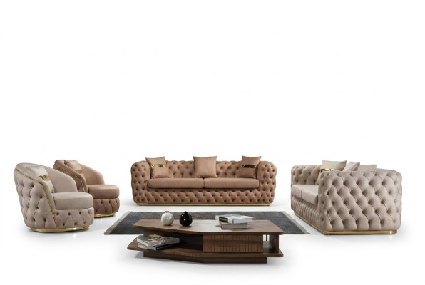 Chesterfield Sofagarnitur 3+3+1+1 Sitzer Garnitur Sofa Sessel Sofas Leder Beige