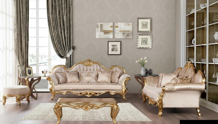 Set Dreibettsofa Sofagarnitur 3+3 Sitzer Garnitur Sofa Sofas Stoff Stil Barock