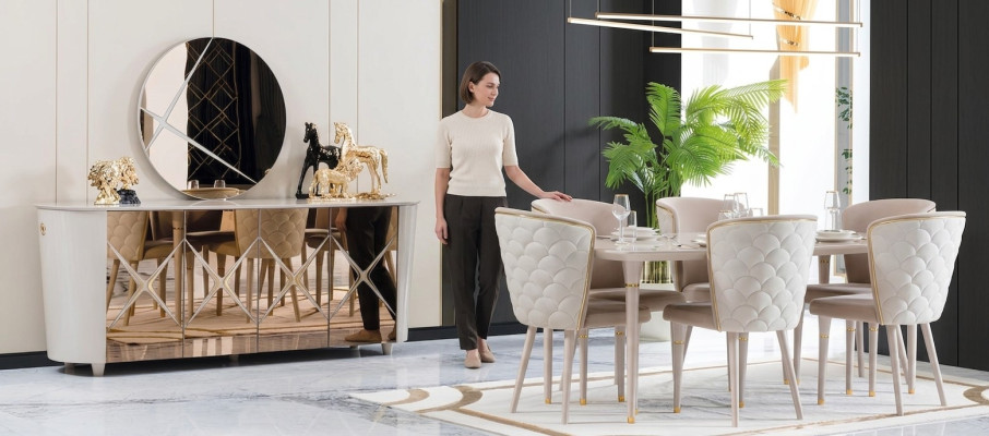 Esszimmer Set Gruppe Garnitur Tisch neu Esstisch 6x Stühle Kommode Spiegel 9tlg