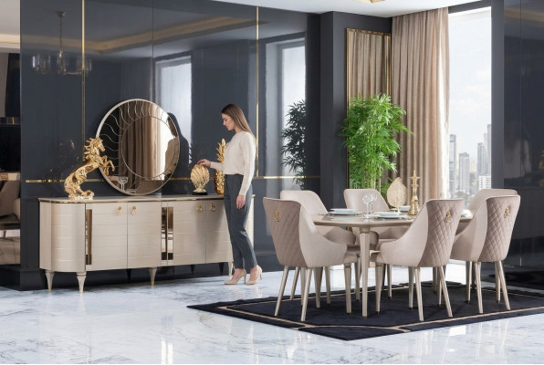 Komplett Esszimmer Kommoden Tisch 6x Stühle Kommode Spiegel Set Garnitur Neu