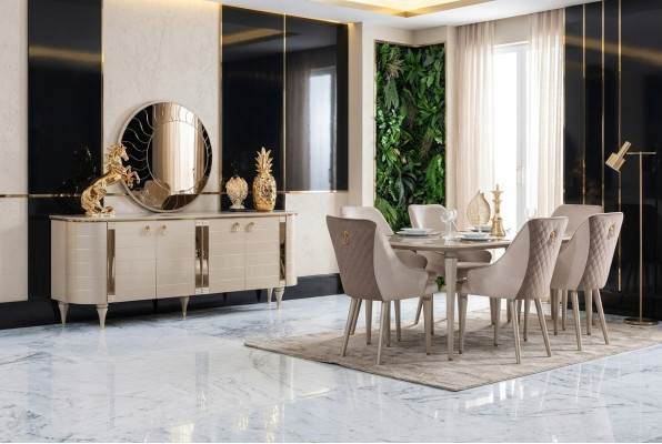 Komplett Esszimmer Kommoden Tisch 6x Stühle Kommode Spiegel Set Garnitur Neu