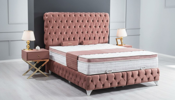 Boxspring Rosa Chesterfield Bett Elegantes Design Luxus 2x Nachttische 3tlg.