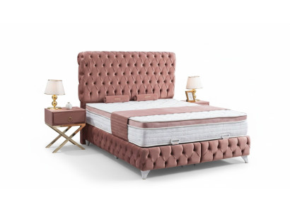 Boxspring Rosa Chesterfield Bett Elegantes Design Luxus 2x Nachttische 3tlg.
