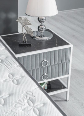 Schlafzimmer Set Grau Metall Bett Boxspring Design 2x Nachttische Neu 3tlg.