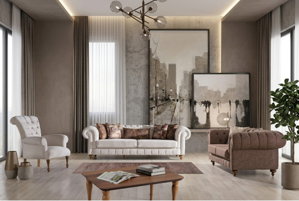 Weiß-Braune Chesterfield Sitzgruppe Designer Sofas Luxus Garnitur 3+2+1