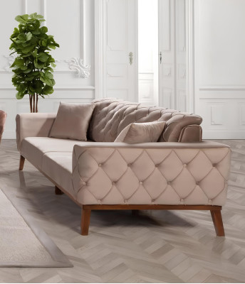 Sofagarnitur Sofa 3+3+1 Sitz Braun Sessel Stoff Chesterfield Samt