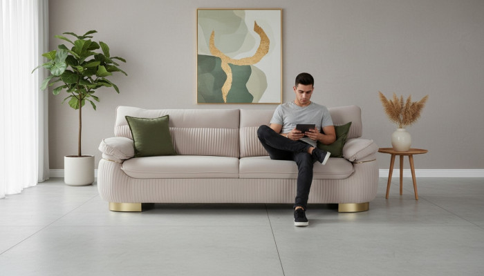 Moderne Sofas 3 Sitz Weiche Couch Polster Design Wohnzimmer Beige