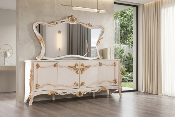 Anrichte mit Spiegel Garnitur Ess Barock Kommoden Holz Kommode Holz Schrank Neu