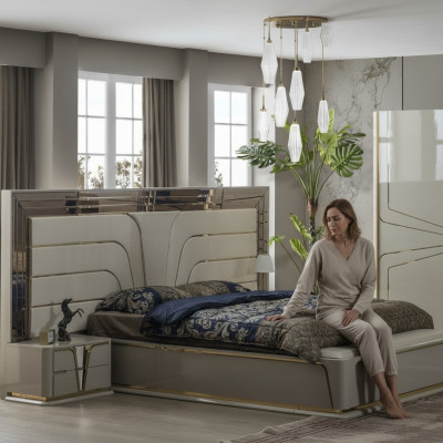 Garnitur Schlafzimmer Doppelbett Luxus Bett Modern Beige Set 3tlg Neu