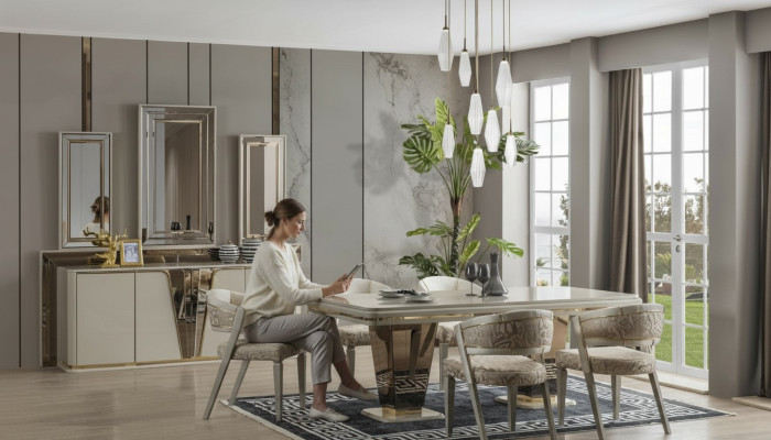 Luxus Essgruppe Esszimmer Esstisch Garnitur Stühle Essecke Beige 6tlg