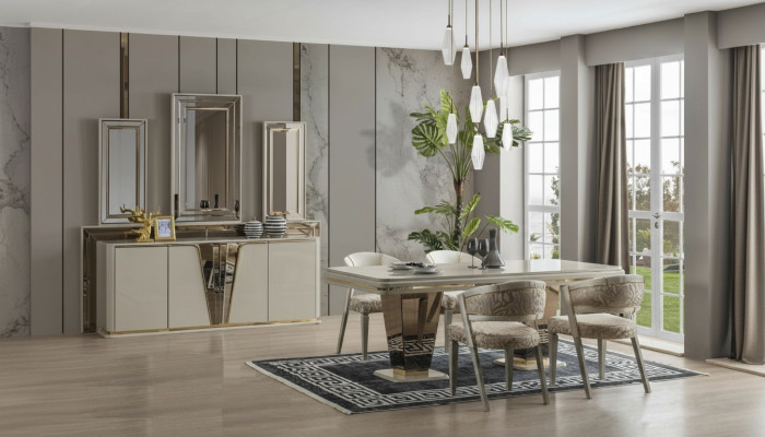 Luxus Essgruppe Esszimmer Esstisch Garnitur Stühle Essecke Beige 6tlg