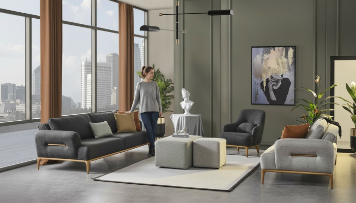 Sofagarnitur Sofa Sessel 321Sitzer Stoff Luxus Grau Sofas Wohnzimmer