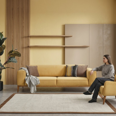 Dreisitzer Sofa 3 Sitzer Sofas Stoff Gelb Wohnzimmer Luxus Modern Sitz