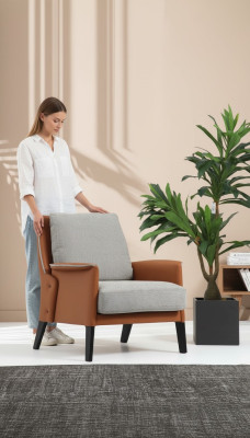 Sessel Ohrensessel Cocktailsessel Stoff Wohnzimmer Orange Modern Grau