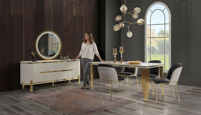 Luxus Esszimmer Garnitur Essgruppe Esstisch Stühle Set 6tlg Gold Weiß