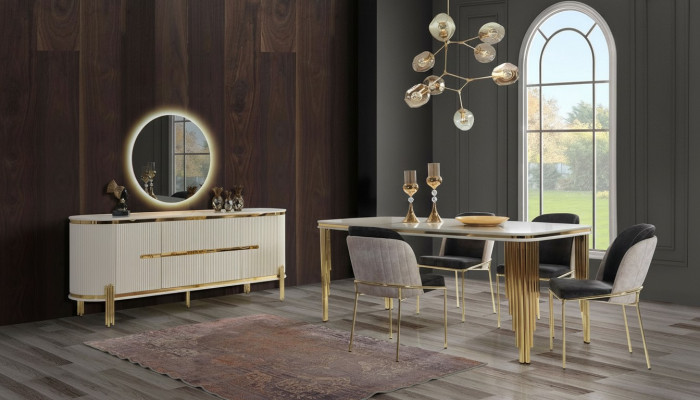 Luxus Esszimmer Garnitur Essgruppe Esstisch Stühle Set 6tlg Gold Weiß