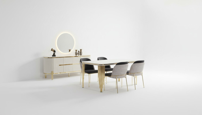 Luxus Esszimmer Garnitur Essgruppe Esstisch Stühle Set 6tlg Gold Weiß