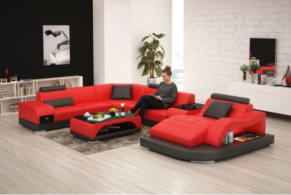 Ledersofa Couch Wohnlandschaft Ecksofa Eck Garnitur Design Modern Sofa +USB Rot