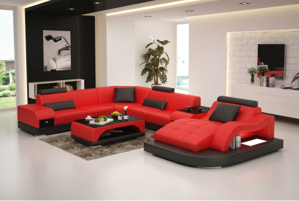 Ledersofa Couch Wohnlandschaft Ecksofa Eck Garnitur Design Modern Sofa +USB Rot