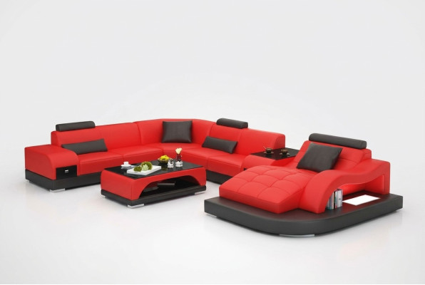 Ledersofa Couch Wohnlandschaft Ecksofa Eck Garnitur Design Modern Sofa +USB Rot