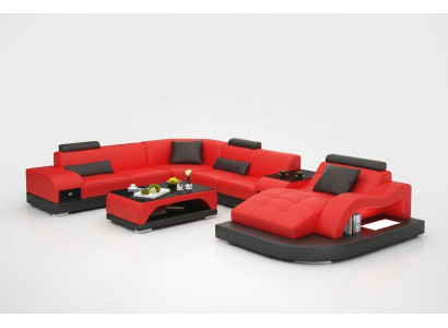 Ledersofa Couch Wohnlandschaft Ecksofa Eck Garnitur Design Modern Sofa +USB Rot