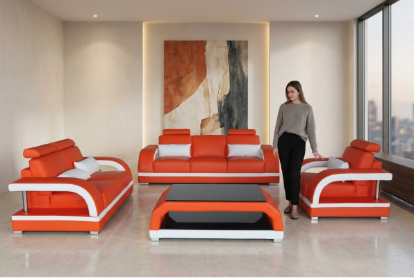 Sofa Couch Leder Polster Sitz Couch Garnitur 3+2+1 USB + Tisch Set Design Sofa