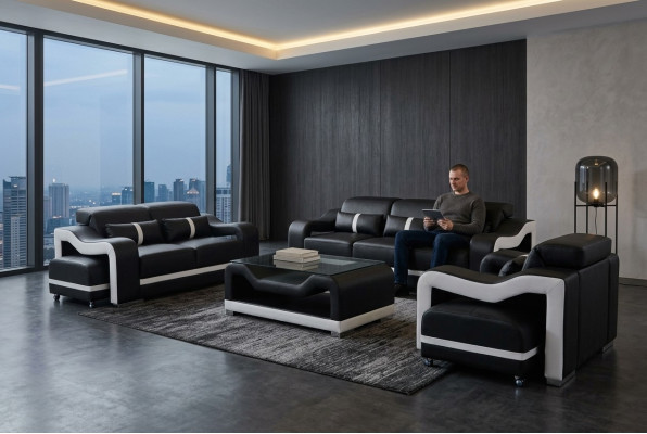 Sofa Leder +USB,Couch Polster Garnitur 3+2+1 Sitz Komplett Set Garnituren +Tisch