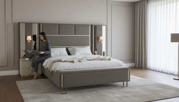Bett Doppelbett 2x Nachttische Holz Design Betten Schlafzimmer Polster 3 tlg Set