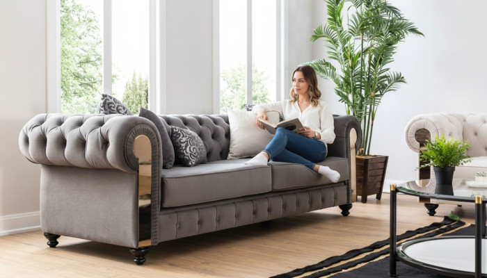 Luxus Wohnzimmer Sofa 3 Sitz Dreisitzer Grau Chesterfield Klassische Couchen