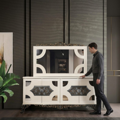Kommoden Schrank mit Spiegel Edle Kommode Buffet Barock Rokoko Holz Anrichte