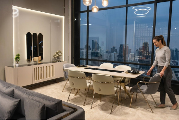 Luxuriöse Esszimmer Set Esstisch + 6x Stühle + Sideboard mit Spiegel