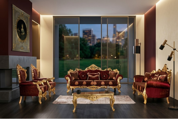 Bordeaux Rote Sofagarnitur Couch Gold Klassische Möbel Tisch 5tlg.