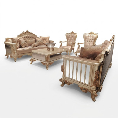 Klassische Barock Rokoko Chesterfield 5tlg. Couchtisch Beige Sofa Möbel