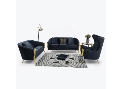 Luxuriöse Polstergarnitur Sessel 3+2+1 Sitzer Schwarz Samt Gold Beine