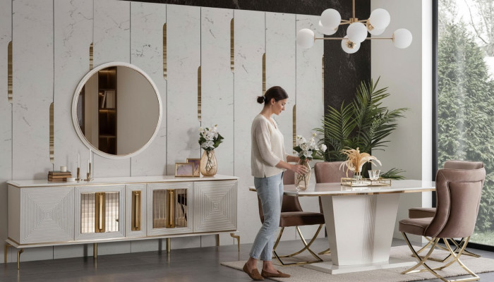 Luxus Esszimmer Essgarnitur Esstisch Set Essgruppe Tisch Stühle Kommode 7tlg