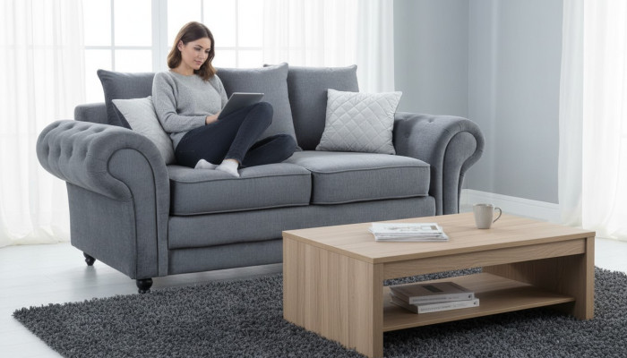 Graue Chesterfield Couch Polster Möbel Stoff Couchen Sofas Zweisitzer