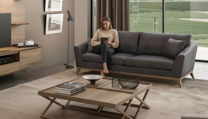 Grauer Kunstleder Dreisitzer Wohnzimmersofa Moderne Couch Stil Möbel