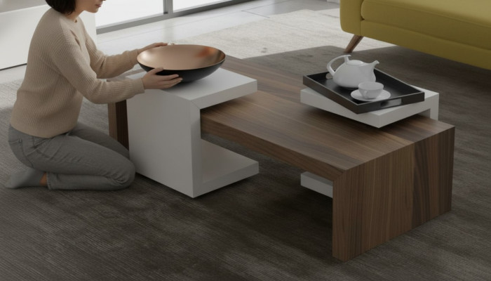 Couchtisch Set Walnuss Natur Wohnzimmermöbel Beistelltische Modern Neu