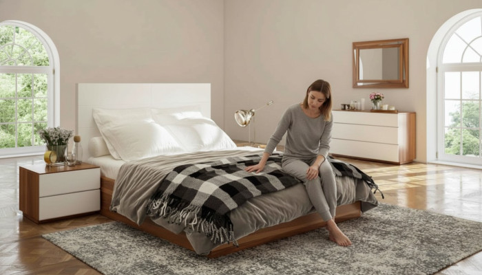 Weiß-Braunes Schlafzimmer Set Luxus Holzmöbel Bett Nachttische Kommode