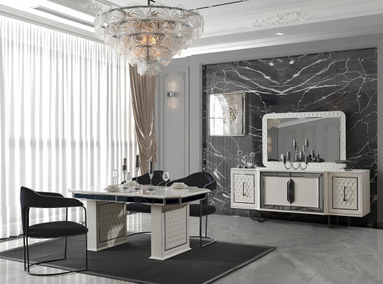 Modernes Esszimmer Set Weißer Esstisch 6 Stühle weiße Sideboard Spiegel neu