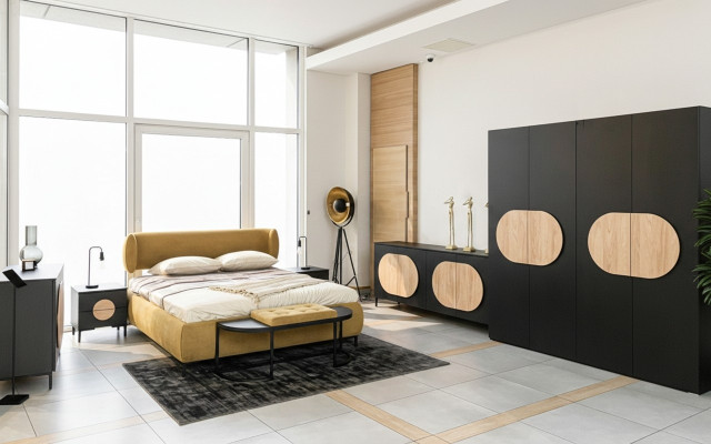 Schlafzimmer Set Bett 2x Nachttische 2x Kommode Kleiderschrank Hocker 7tlg.