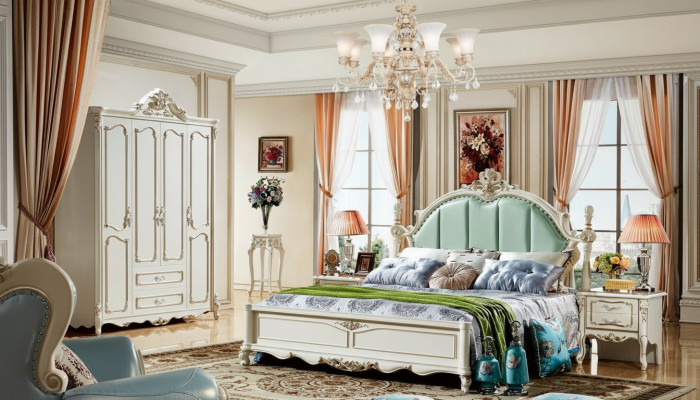 Bett Blau Schön Elegantes Design Schlafzimmer Polster Leder Betten