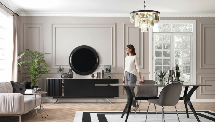 7tlg Luxus Loft Design Esszimmer Set Möbel Tisch Kommode 4x Stühle