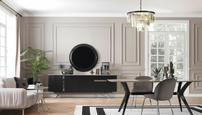7tlg Luxus Loft Design Esszimmer Set Möbel Tisch Kommode 4x Stühle