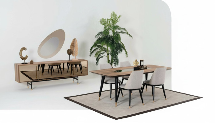 Esszimmer Set Tisch 4x Stühle Anrichte Spiegel Garnitur Design neu 7tlg