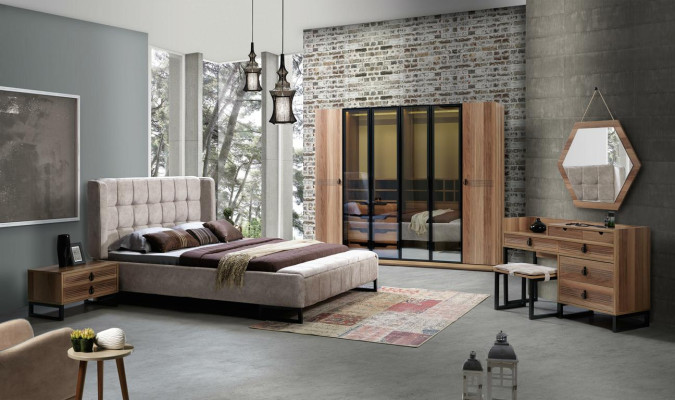 Bett Doppelbett Möbel Einrichtung Schlafzimmer Design Stoff Textil neu